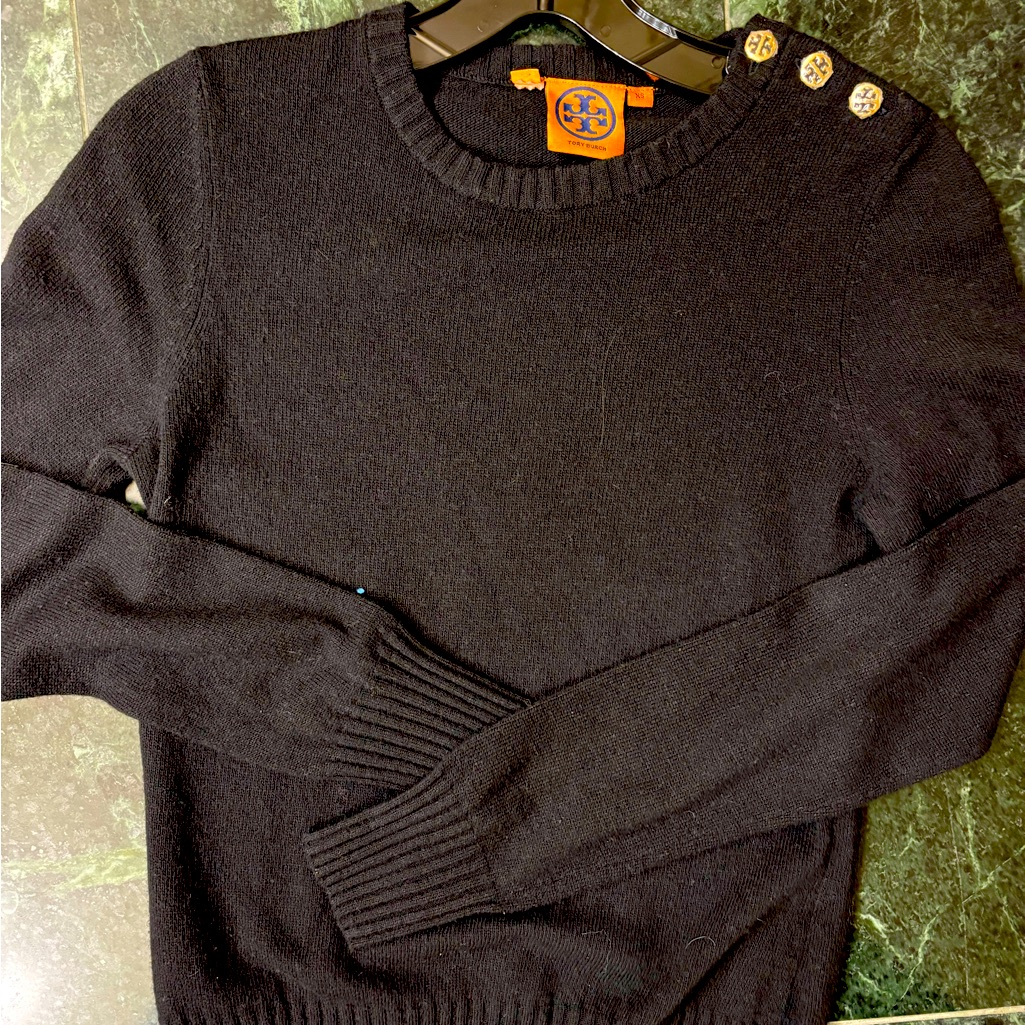 Tory Burch Gold Button Embellished Crewneck Wool Sweater Extra Small